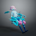 Pink Haired Woman In White Top Blue Pants With Blue Leaves Pink Flowers Water Droplets