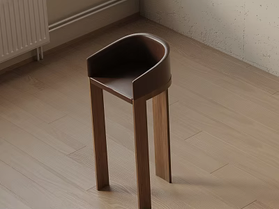 Modern Minimalist Bar Stool With Leather Backrest And Wooden Legs In Interior Space 3d model