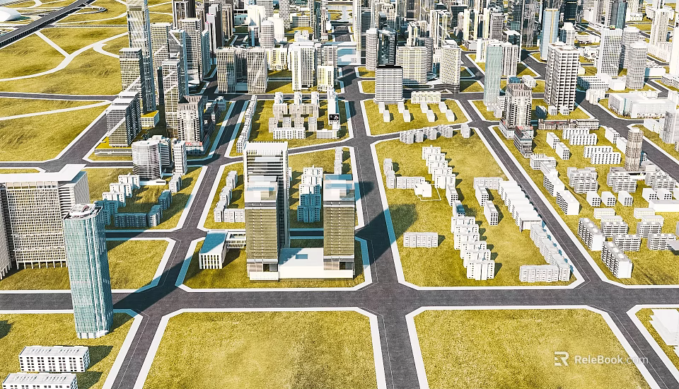 Aerial Planning Urban City Layout With High Rise Buildings Road Network And Green Spaces 3d model 