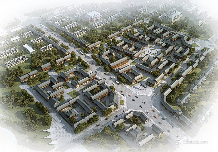 Ancient Architecture Complex Neo-Chinese Style Layout With Surrounding Streets And Greenery In Urban Area 3d model 