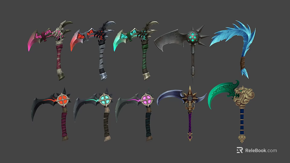 Fantasy Weapons Collection with Unique Colorful Designs and Decorative Elements for Gaming 3d model 