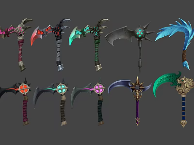 Fantasy Weapons Collection with Unique Colorful Designs and Decorative Elements for Gaming 3d model