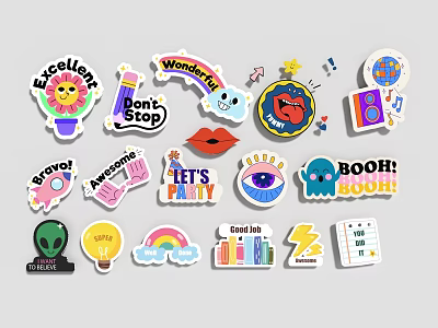 Cute Colorful Cartoon Stickers With Various Fun Designs And Positive Quotes 3d model
