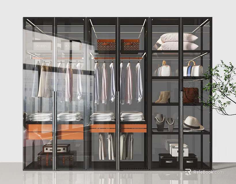 Modern Glass Door Wardrobe With Hanging Clothes Folded Garments Shoes And Hats 3d model 
