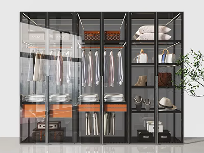 Modern Glass Door Wardrobe With Hanging Clothes Folded Garments Shoes And Hats 3d model