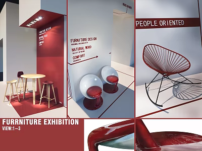Furniture Exhibition Display With Red Chairs Round Table Stools And People Oriented Theme 3d model