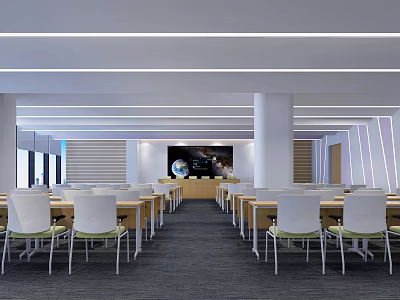 Modern Conference Room Interior Design With Meeting Tables Large Screen And Lighting System 3d model