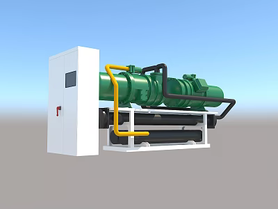 Industrial Equipment With Green Machinery Yellow Pipes And White Control Cabinet 3d model