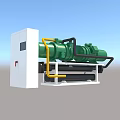 Industrial Equipment With Green Machinery Yellow Pipes And White Control Cabinet