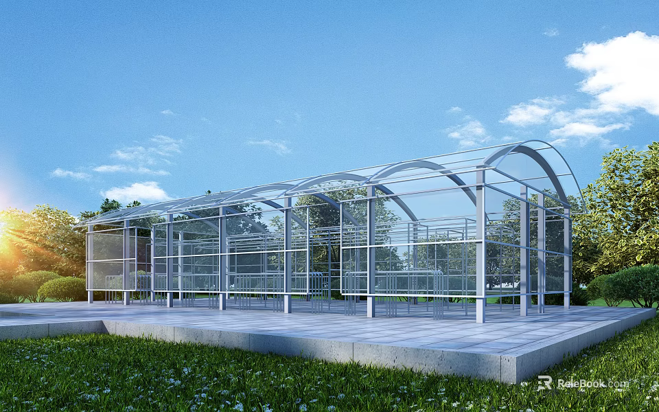 Outdoor Transparent Sunshade Canopy With Metal Frame Grass Area And Trees 3d model 