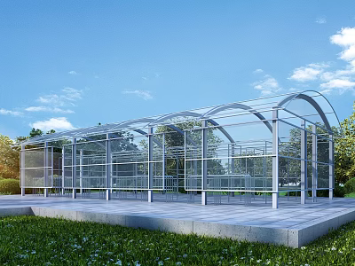 Outdoor Transparent Sunshade Canopy With Metal Frame Grass Area And Trees 3d model