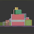 Colorful Gift Boxes Stacked On Purple Mat With Colorful Ribbons And Tags
