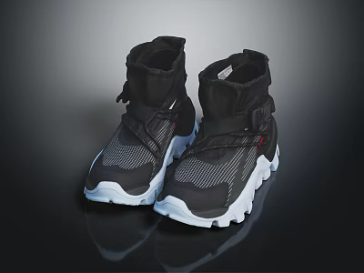 Black High Top Shoes with Mesh Upper White Rubber Sole and Adjustable Straps 3d model
