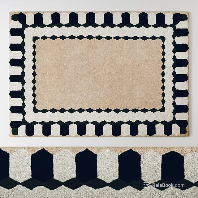 Stylish Square Beige Rug With Black White Geometric Diamond Border Design 3d model