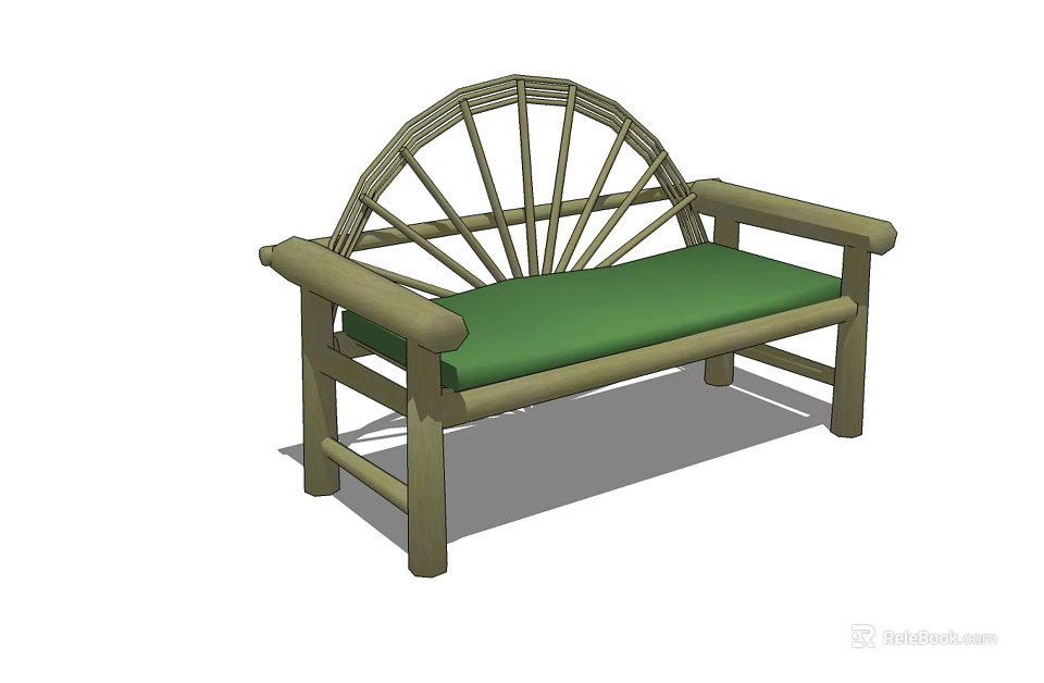 Stylish Armchair With Fan Shaped Wicker Backrest Wooden Armrests And Green Padded Seat 3d model 