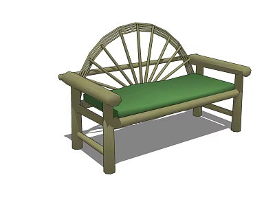 Stylish Armchair With Fan Shaped Wicker Backrest Wooden Armrests And Green Padded Seat 3d model