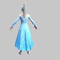 Woman Wearing Blue Long Dress with Embroidery and Tiara Standing in White Shoes