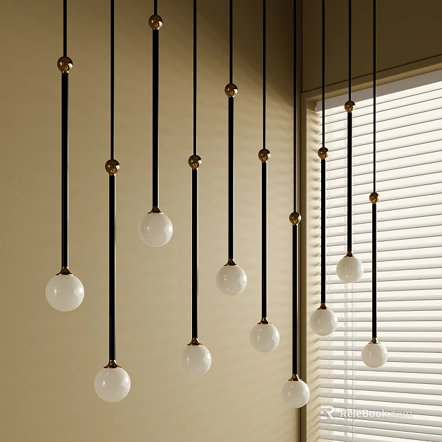 Modern Pendant Lights With Black Cords Golden Connectors And White Spherical Bulbs In Interior 3d model 