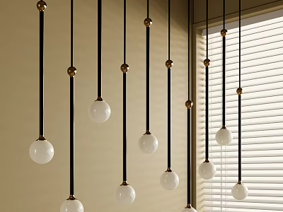 Modern Pendant Lights With Black Cords Golden Connectors And White Spherical Bulbs In Interior 3d model