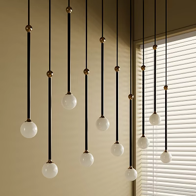 Modern Pendant Lights With Black Cords Golden Connectors And White Spherical Bulbs In Interior 3d model