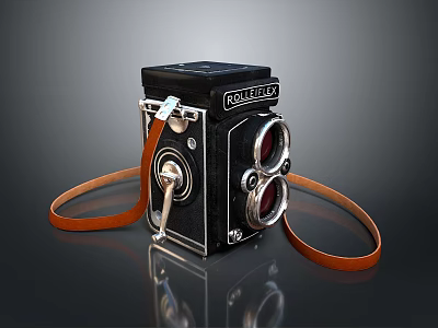 Vintage Rolleiflex Twin Lens Reflex Camera With Black Body And Brown Leather Strap 3d model