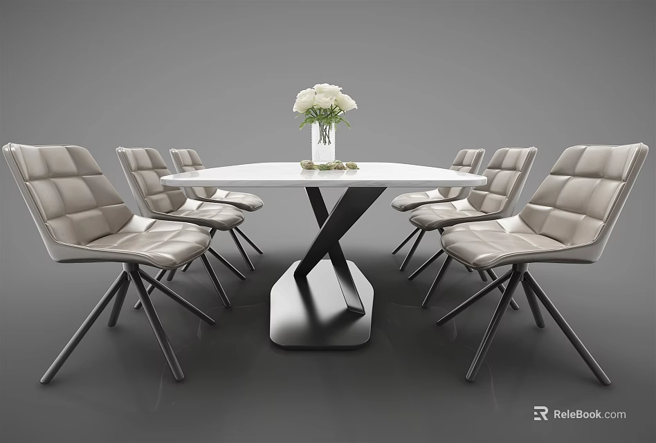 Modern Dining Table Set With White Round Top Black Base And Six Light Gray Chairs 3d model