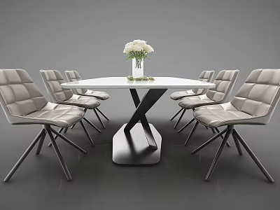 Modern Dining Table Set With White Round Top Black Base And Six Light Gray Chairs 3d model