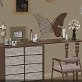 Vintage Wooden Dressing Table with Drawers Butterfly Decor Lamp Vase Chair and Wall Art