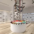 Shoe Store Interior with Shelves Display Tables Various Shoes Modern Lighting and Wooden Flooring