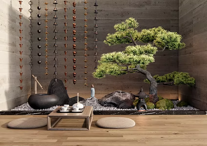 New Chinese Style Indoor Courtyard Sick Rainwater Chain Stone Water Bowl Pine Tea Table 3d model