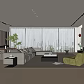 Modern Living Room Interior With Open Layout Sofa Floor-to-Ceiling Windows Green Plants And Fireplace