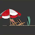 Red And White Striped Sofa Stool On Sandy Ground With Umbrella And Green Sign