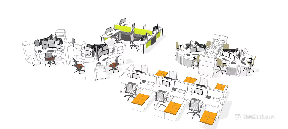 Contemporary Office Workspace With Work Desks Computers Ergonomic Chairs And Partitions 3d model 