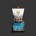 Pirate Ship Model With Wooden Hull Sails Jolly Roger Flags And Blue Water Base