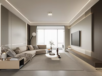 Modern Living and Dining Room Interior with Sofa Coffee Table and Floor to Ceiling Window 3d model
