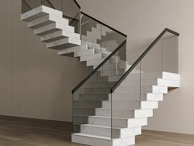 Modern Staircase Interior Design With White Marble Steps Glass Railing And Black Frame 3d model