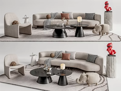 Modern Light Gray Sofa Coffee Table Set With Pillows Rug Red Sculpture And Elephant Figurine 3d model