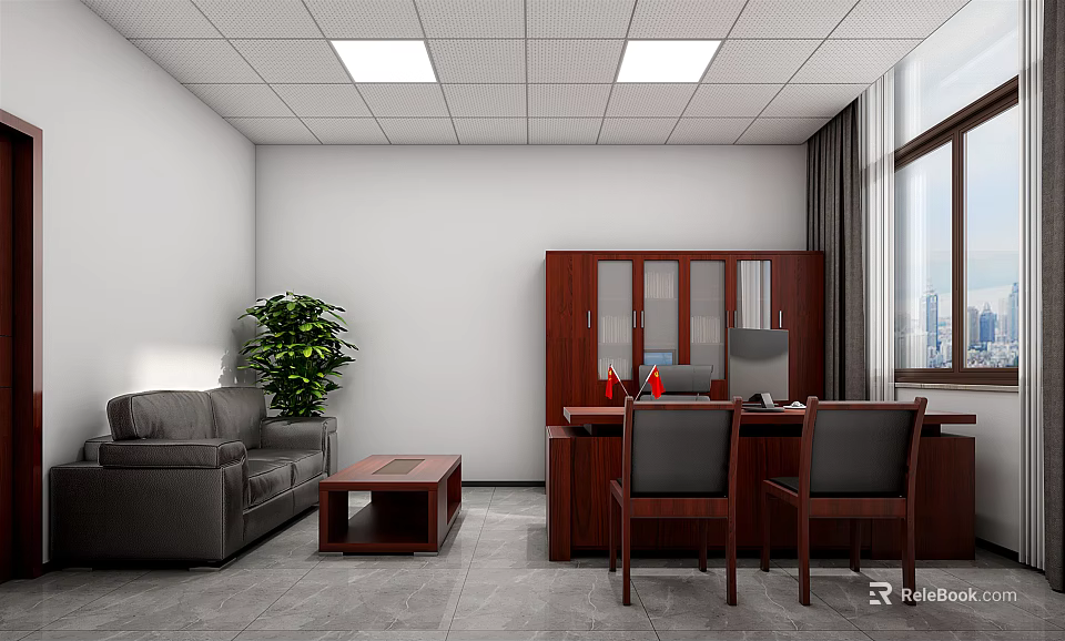 Modern Office Interior With Gray Sofa Coffee Table Green Plant Wooden Desk Chairs And Computer 3d model 