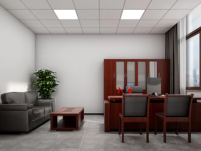 Modern Office Interior With Gray Sofa Coffee Table Green Plant Wooden Desk Chairs And Computer 3d model