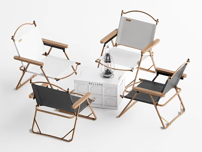 Folding Table and Chair Set with White Black Seats Wooden Frames and Lantern 3d model