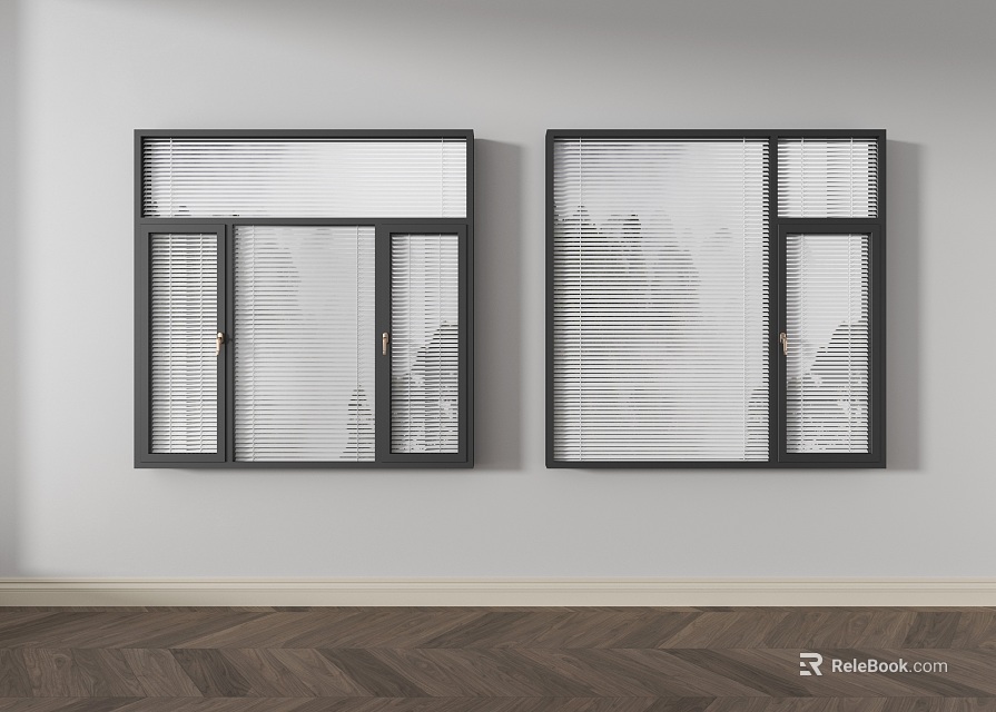 Modern Casement Windows With Blinds On White Wall And Herringbone Wooden Floor 3d model 