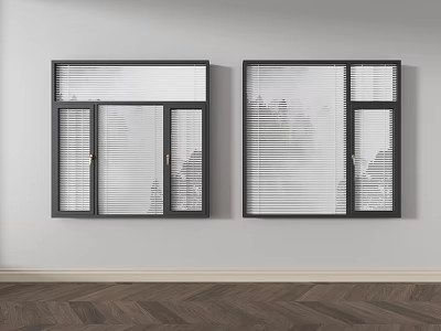 Modern Casement Windows With Blinds On White Wall And Herringbone Wooden Floor 3d model