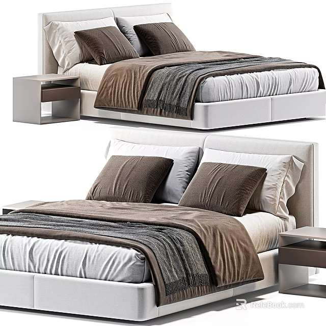 Modern Double Bed With White Headboard Mattress Brown Pillows Gray Blanket And Nightstand 3d model 