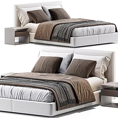 Modern Double Bed With White Headboard Mattress Brown Pillows Gray Blanket And Nightstand 3d model