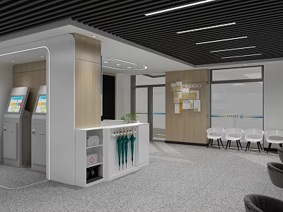 Modern Service Hall Interior With Self Service Kiosks Reception Desk And Waiting Chairs 3d model