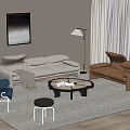 Modern Living Room Interior With Gray Sofa Brown Armchair Blue Chair Floor Lamp And Rug