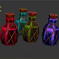 Colorful Decorative Bottles With Red Blue Green Purple Bodies Orange Net Design And Red Caps