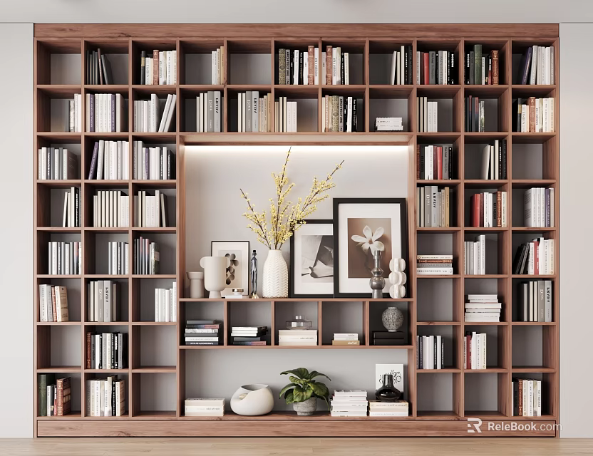Elegant Wooden Bookcase with Multiple Compartments Books Framed Pictures Potted Plant and Decorative Items 3d model 