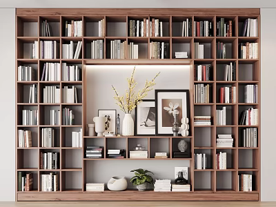 Elegant Wooden Bookcase with Multiple Compartments Books Framed Pictures Potted Plant and Decorative Items 3d model