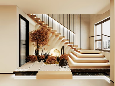 Modern Staircase With Wooden Steps Black Railing Green Plants And Warm Lighting In Minimalist Interior 3d model